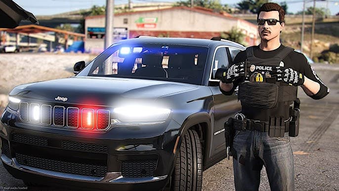 FiveM roleplay — LSPD officer and unmarked police SUV with emergency lights