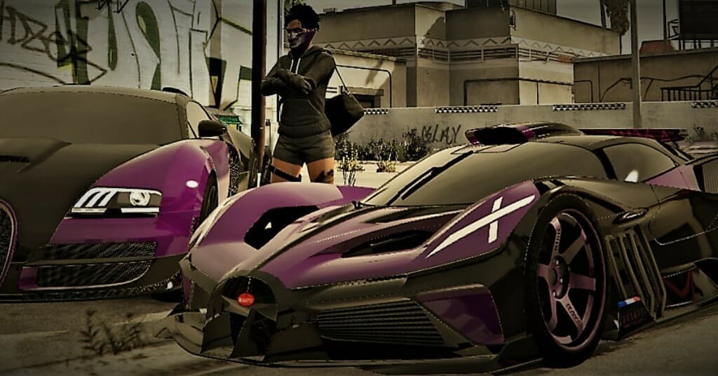FiveM roleplay — luxury hypercars and character, street scene