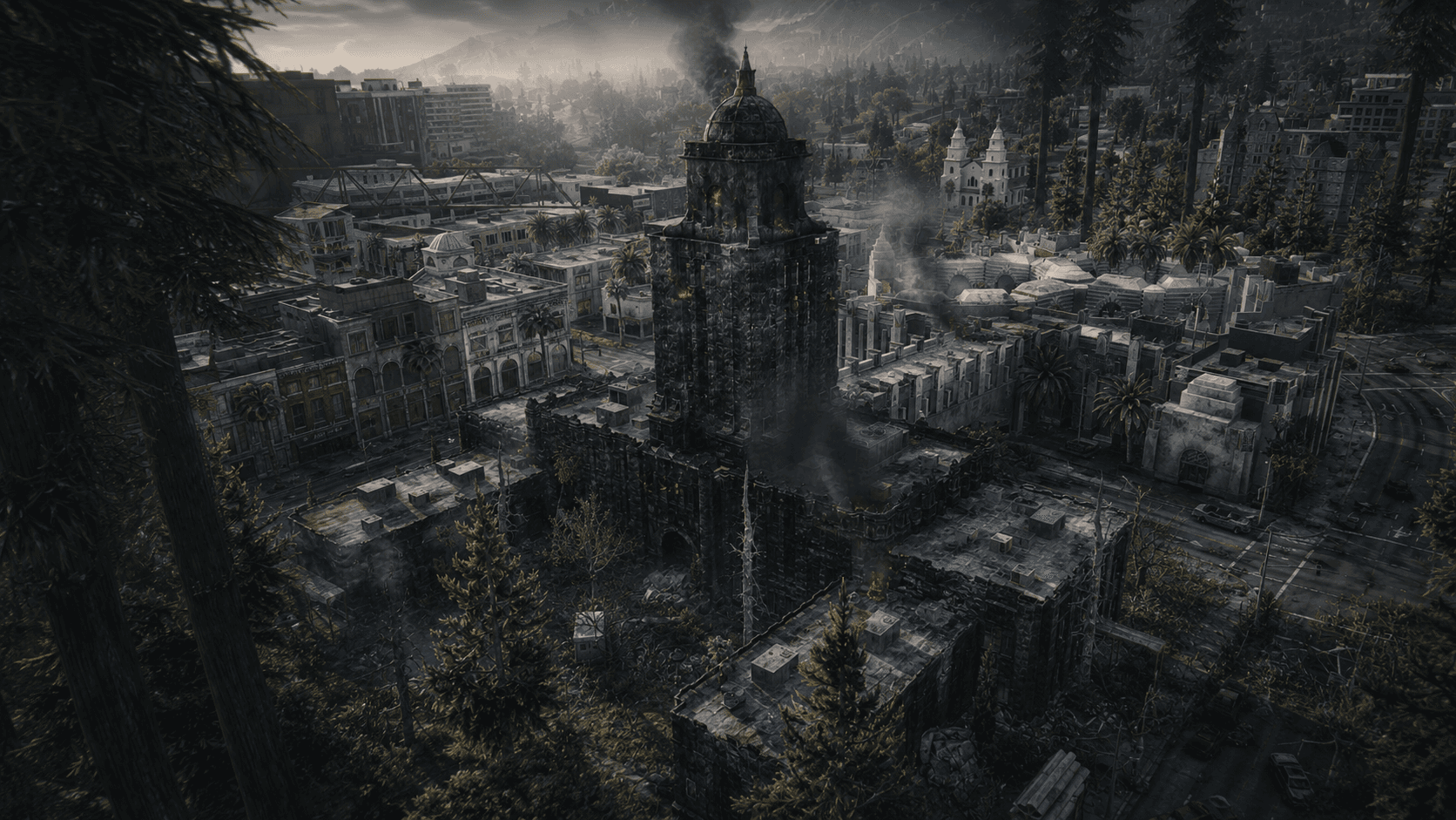 Tunisian HighLife FiveM zombie survival — burning city ruins and smoke over apocalypse map
